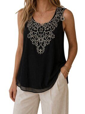 fun 2 fun Embroidered Sleeveless Black Cream Top Floral Applique Size Small
